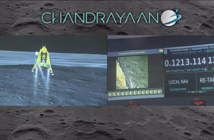 चंद्रयान-3: चांद पर उतरने वाला चौथा देश बना भारत भारत की राष्ट्रीय अंतरिक्ष एजेंसी इसरो की स्क्रीन पर चंद्रयान-3 की चंद्रमा पर लैंडिंग देखी गई